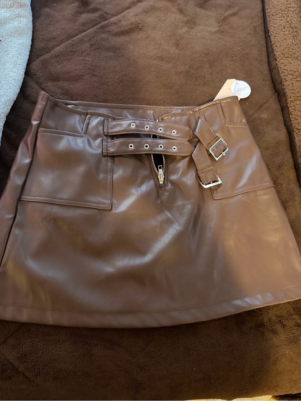 Brown Faux Leather Belted Mini Skirt